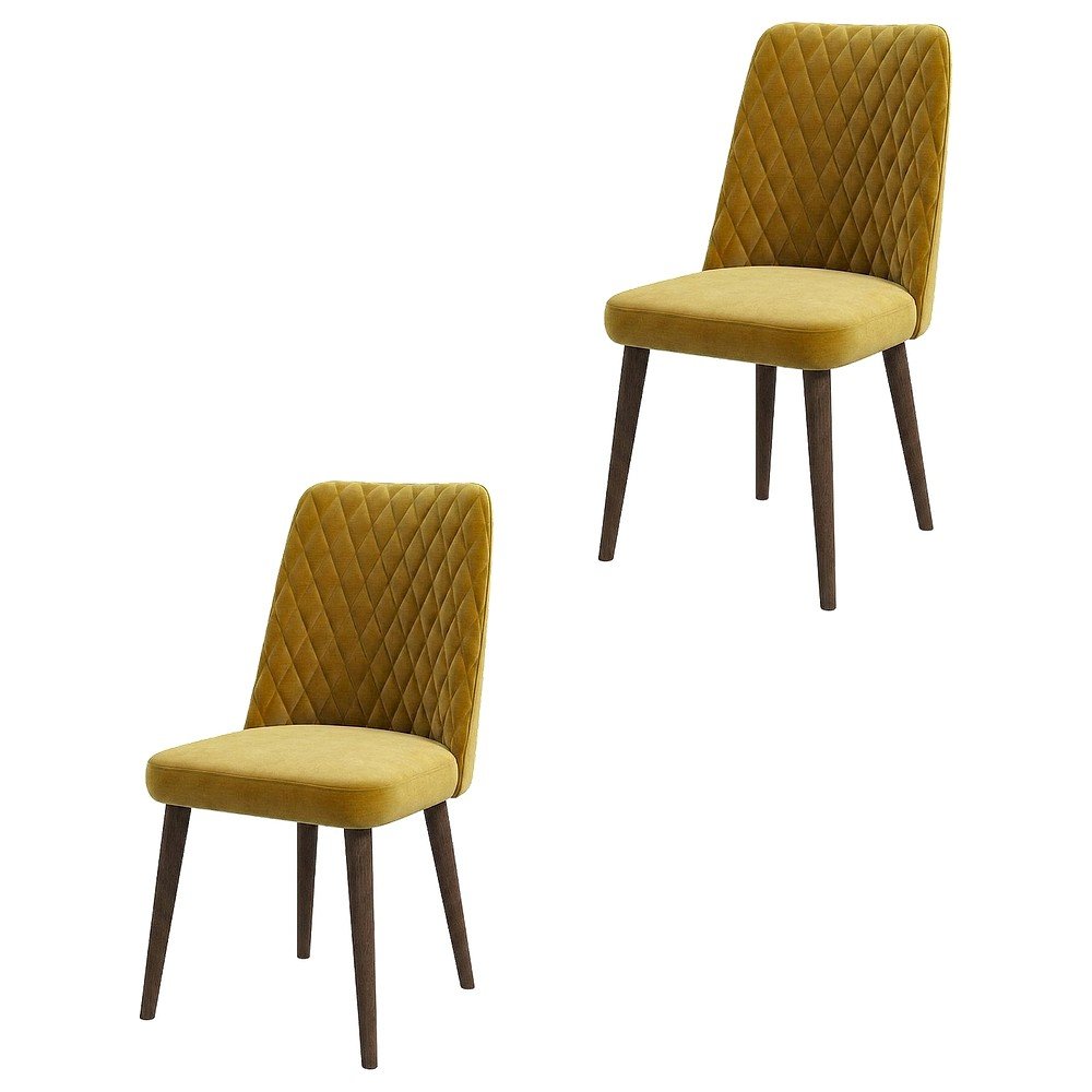 Velvet Mid-Century Modern Dining Chairs with Walnut Legs, Gold, Set of 2. Picture 1