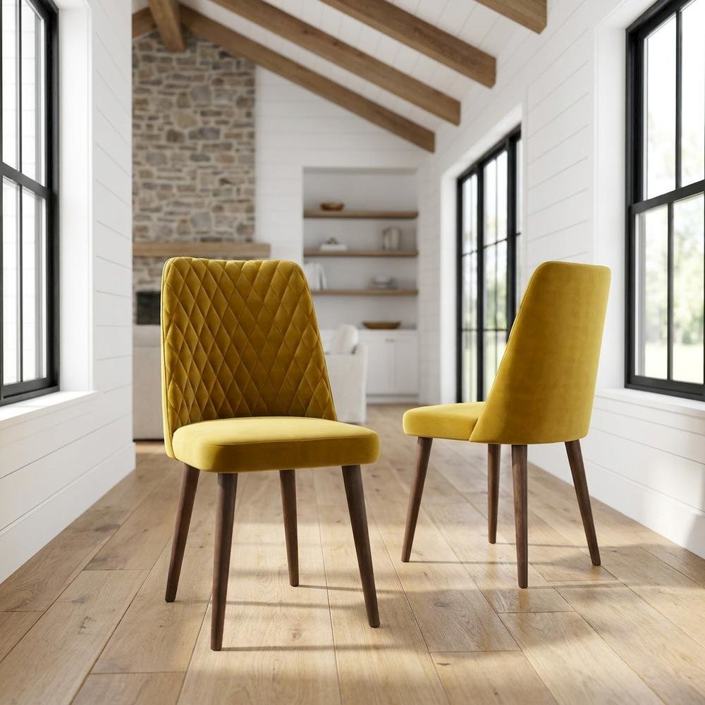 Velvet Mid-Century Modern Dining Chairs with Walnut Legs, Gold, Set of 2. Picture 3