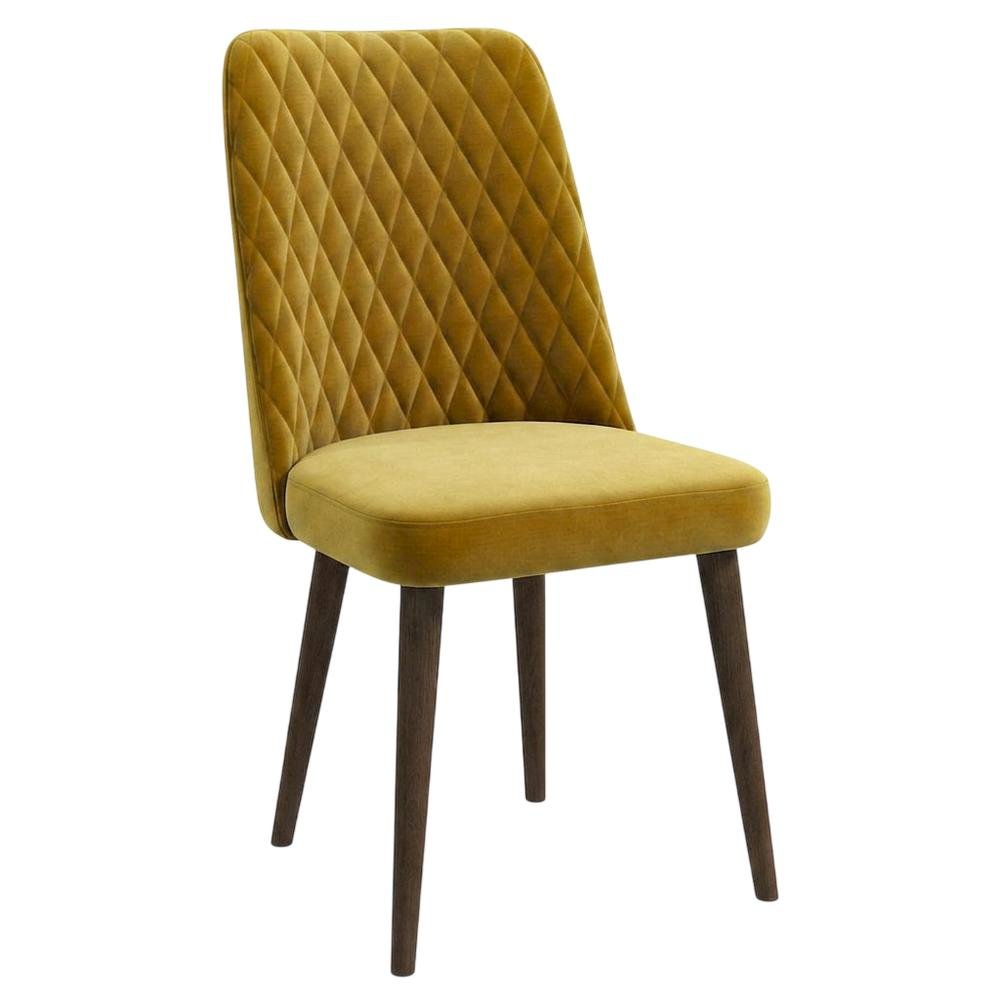 Velvet Mid-Century Modern Dining Chairs with Walnut Legs, Gold, Set of 2. Picture 5