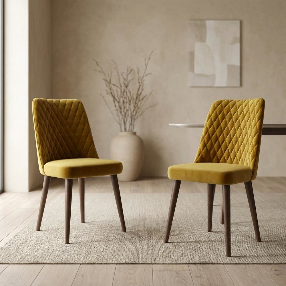 Velvet Mid-Century Modern Dining Chairs with Walnut Legs, Gold, Set of 2. Picture 4