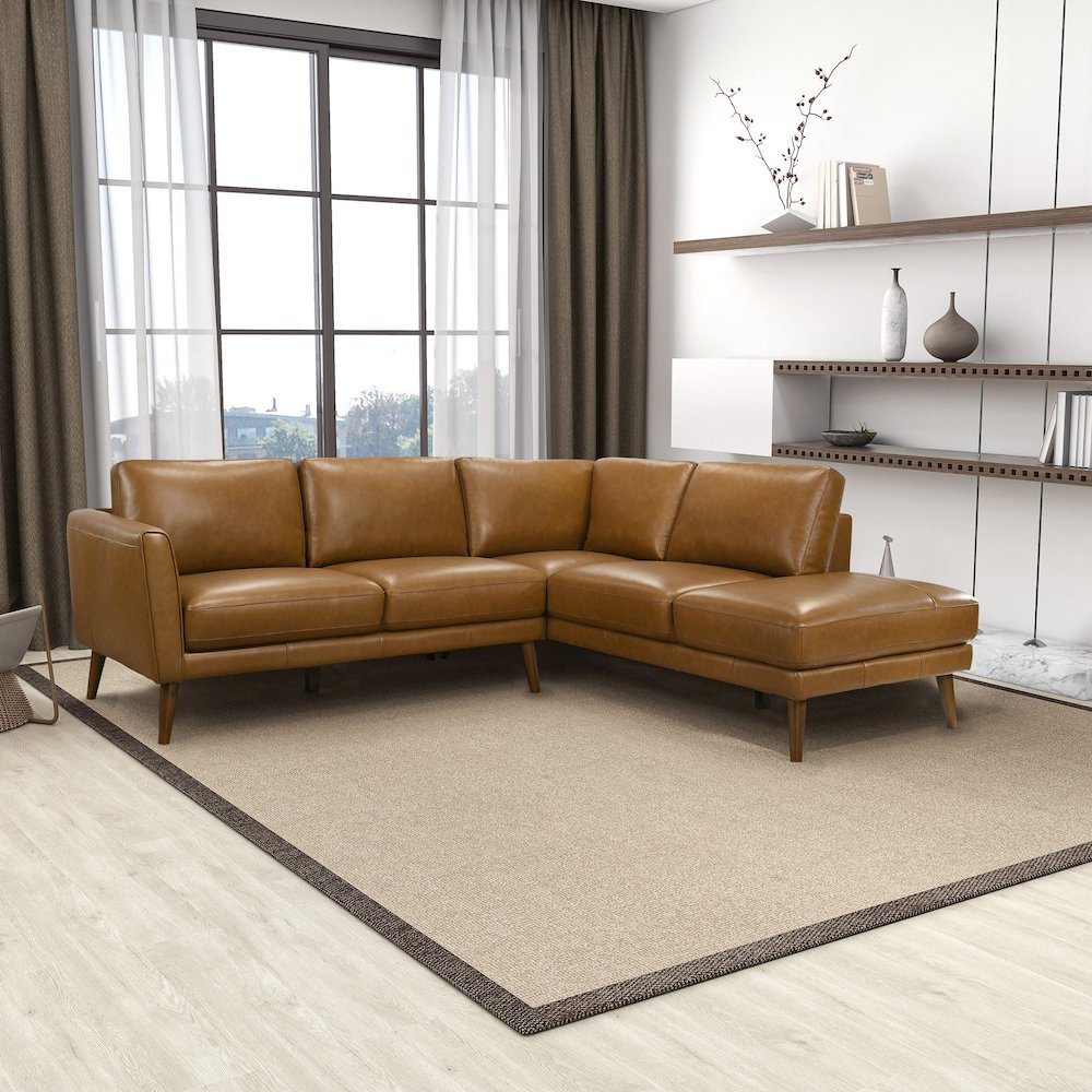 Benson Tan Leather Sectional Sofa Right Facing Chaise. Picture 3