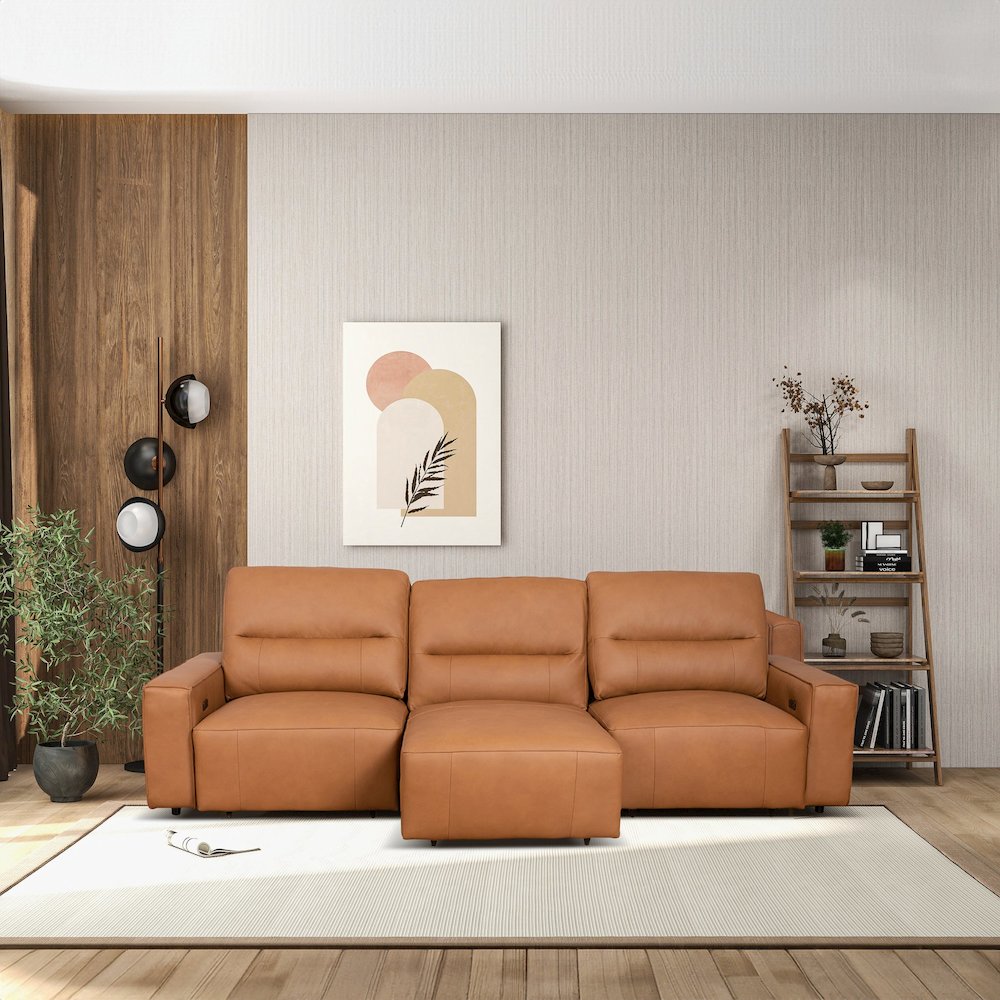 Grant Triple Power Convertible Cognac Leather Sofa. Picture 4
