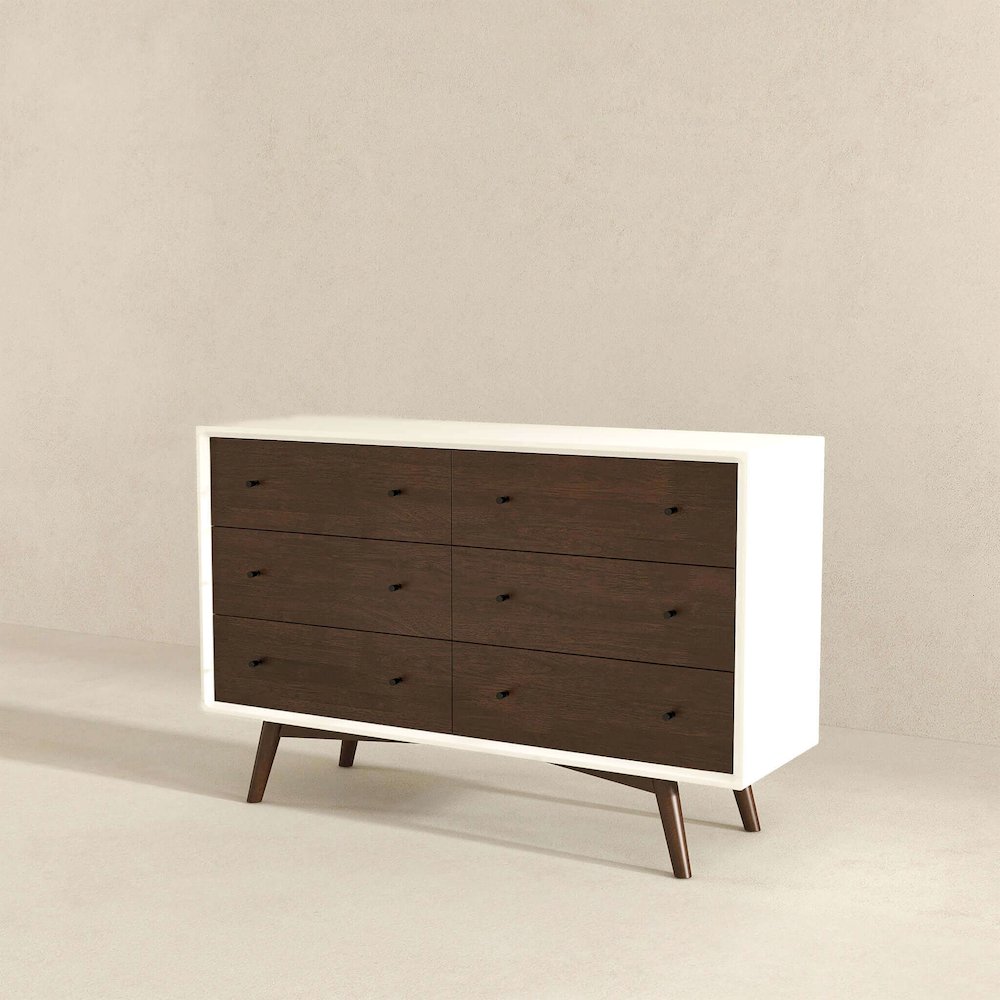 Caroline Mid-Century Modern White Dresser 6 Drawer. Picture 5