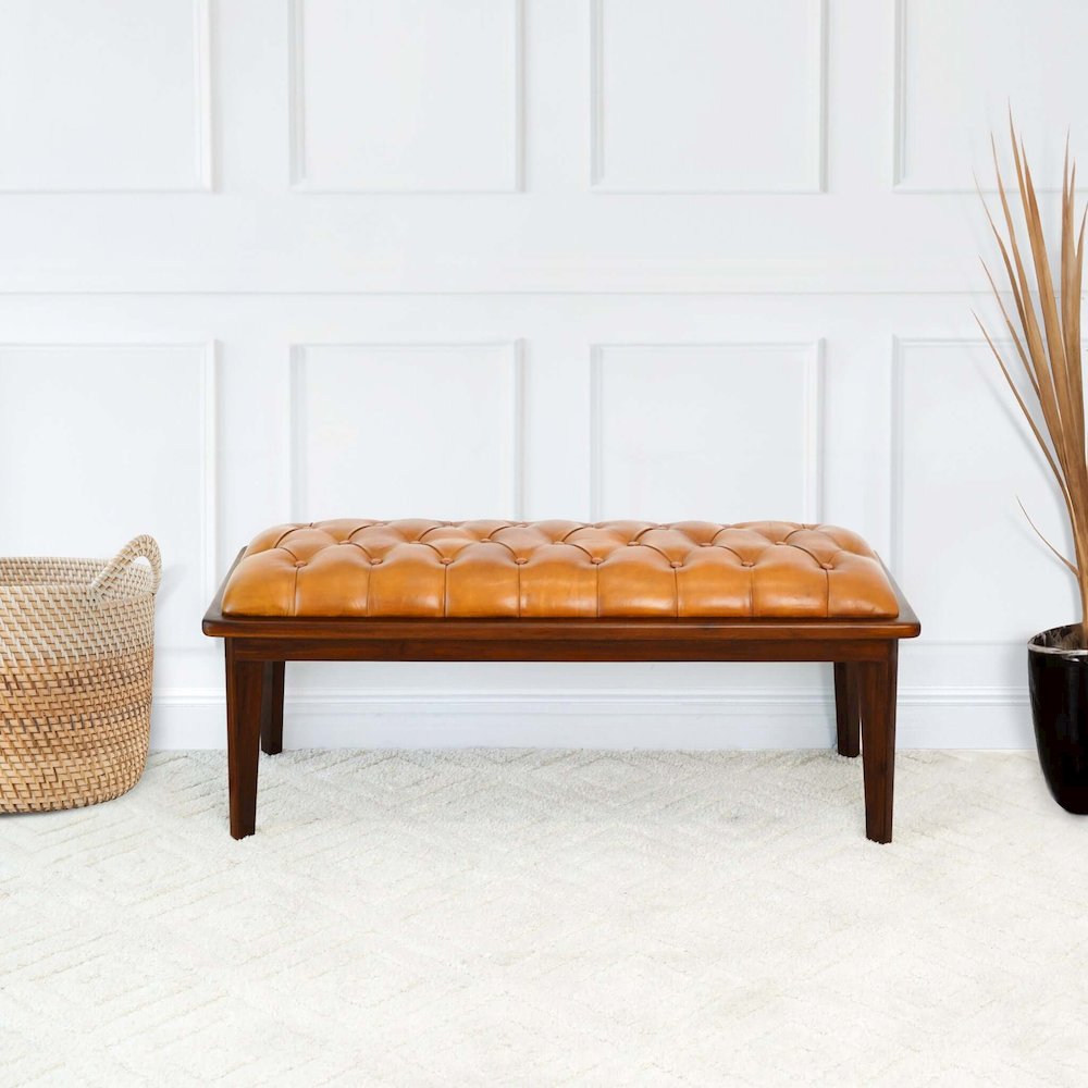 Arden Tan Leather Bench With Buttons. Picture 4