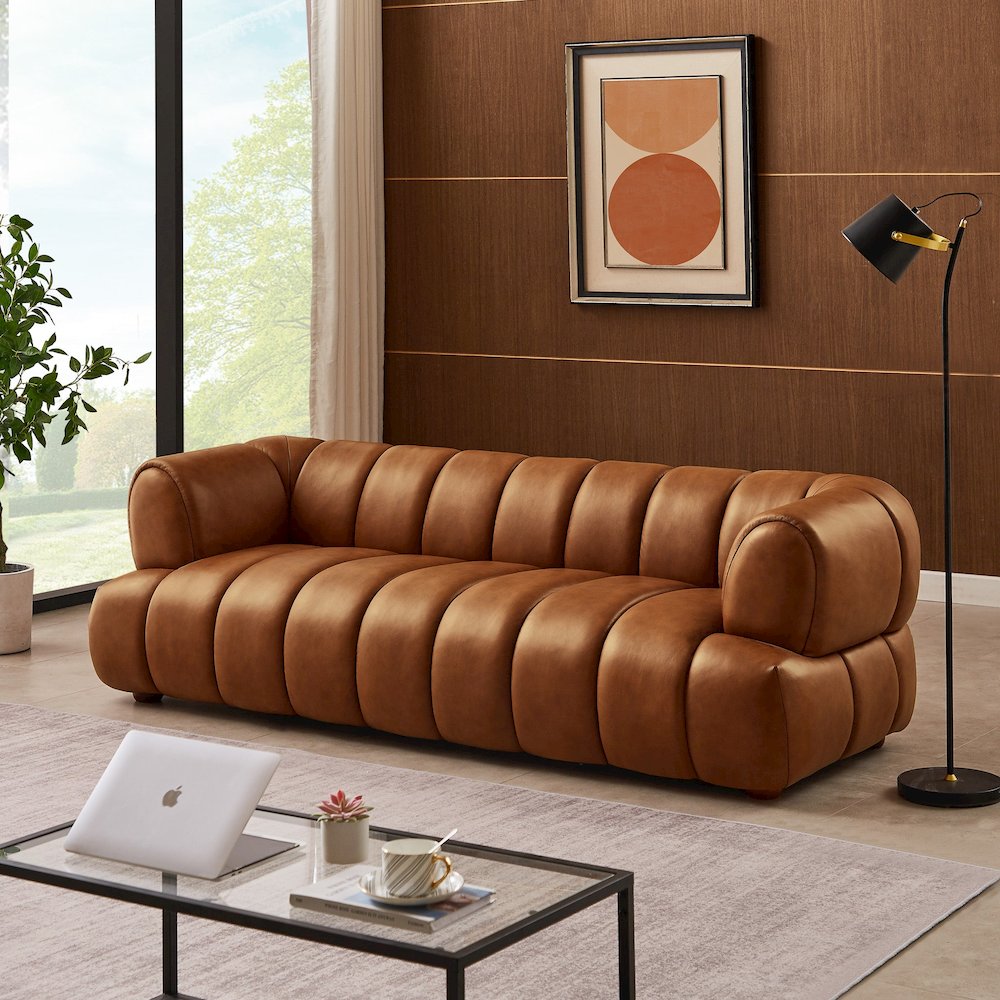 Jasmin Mid-Century Modern Cognac Genuine Leather Sofa. Picture 2
