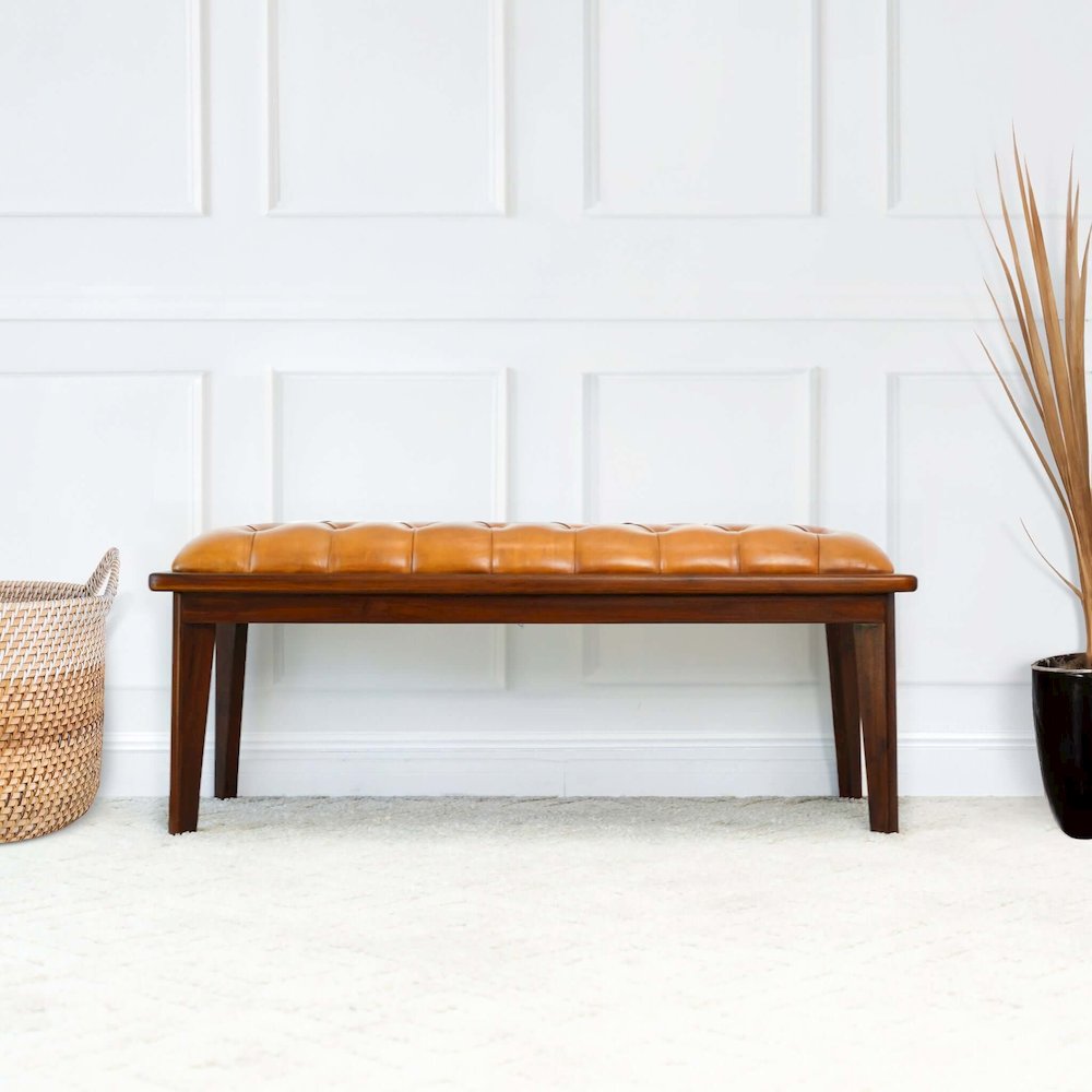 Arden Tan Leather Bench With Buttons. Picture 6