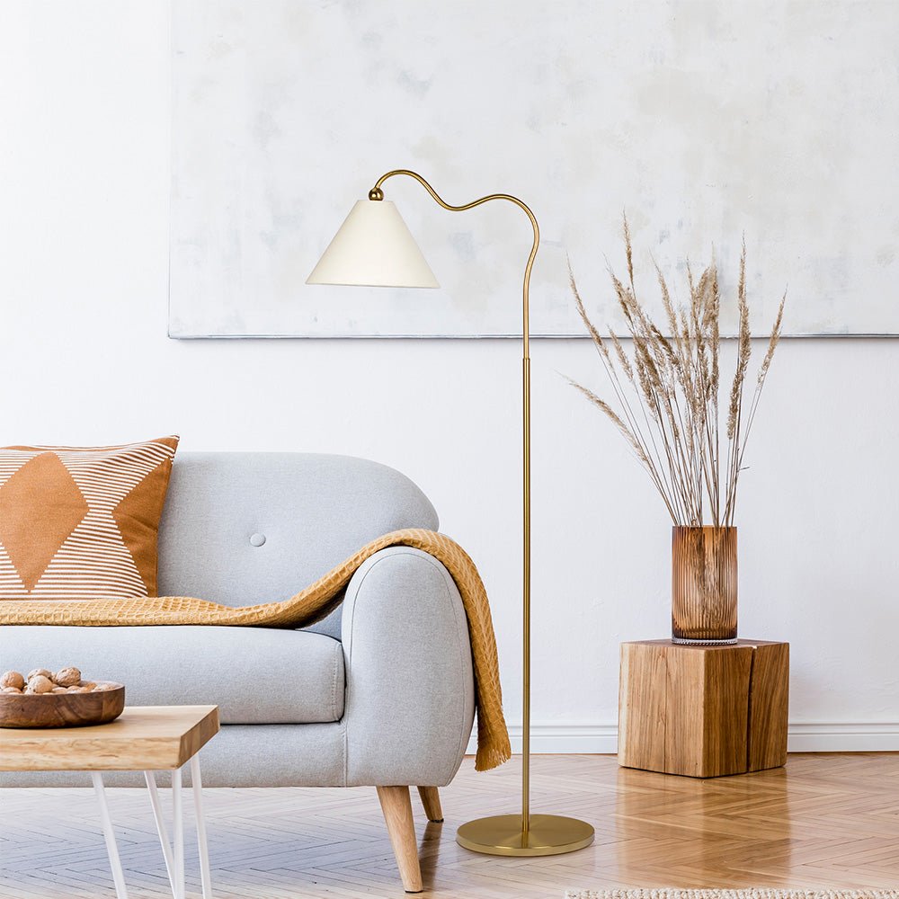 Majestic Brass Ring Base Curved Floor Lamp with Triangle White Drum Shade. Picture 4