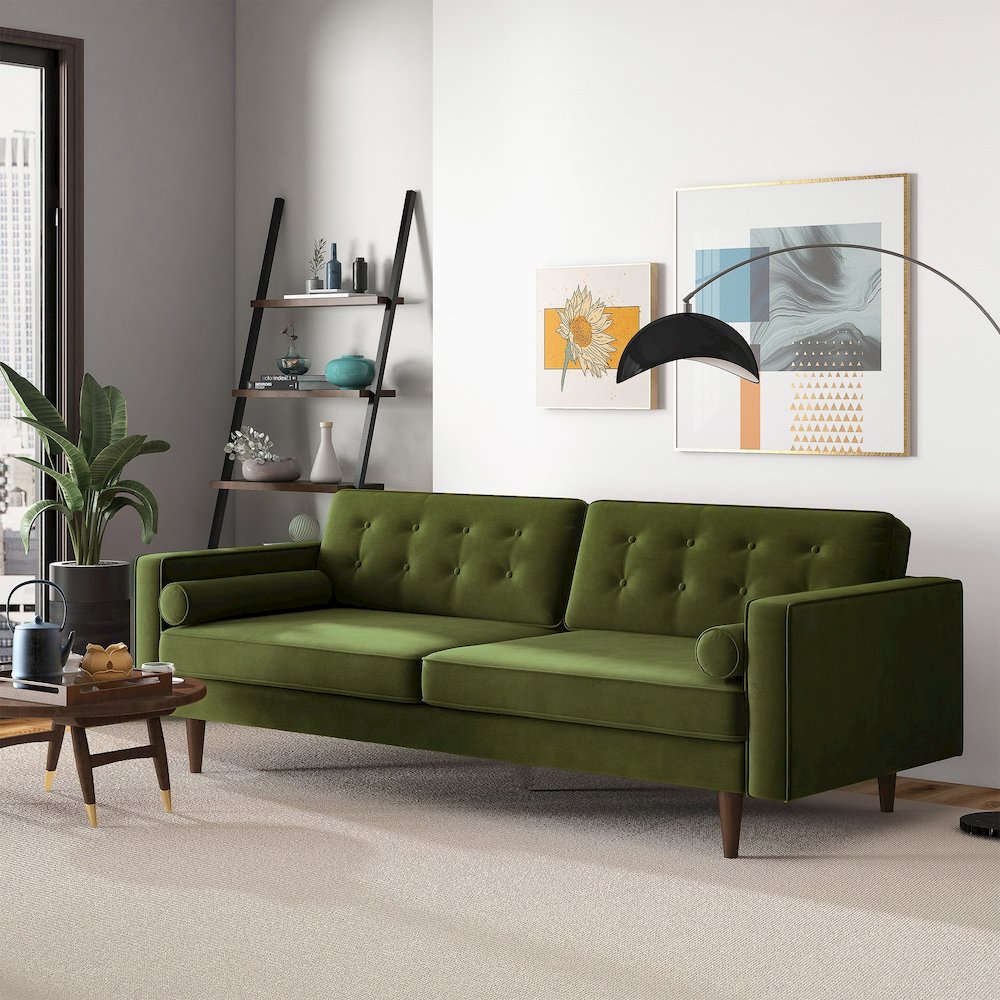 Casey Mid Century Modern Olive Green Velvet Sofa. Picture 6