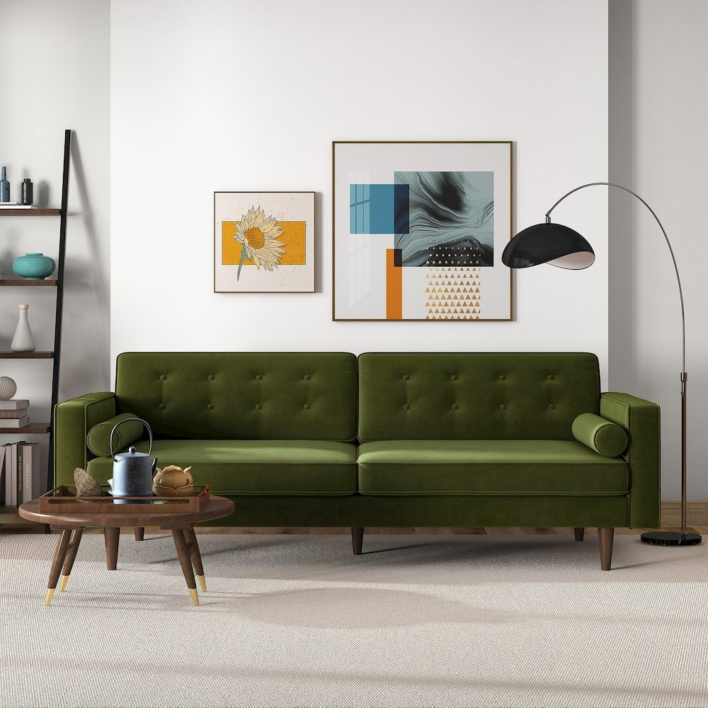 Casey Mid Century Modern Olive Green Velvet Sofa. Picture 5