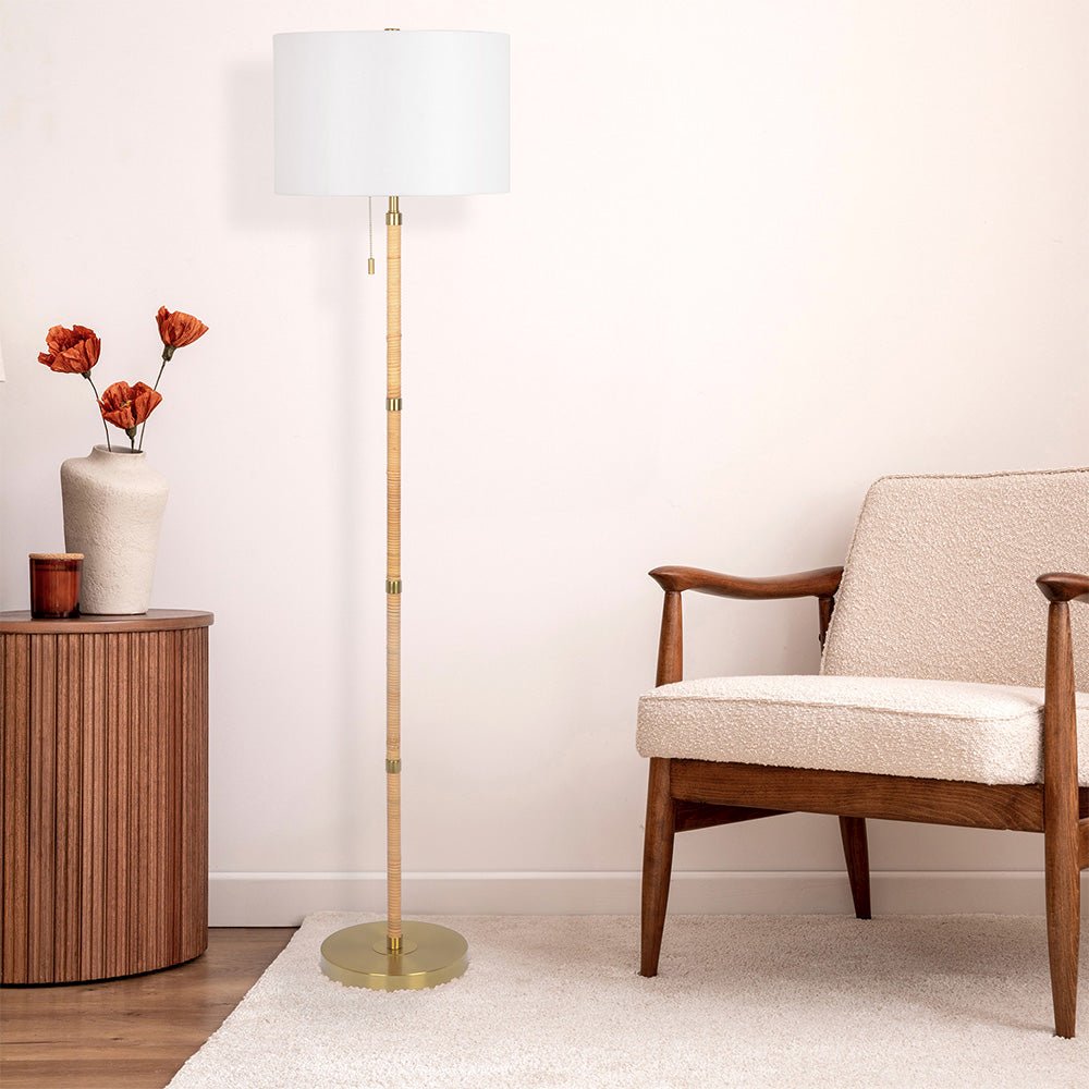 Stellar Wood Rattan Tube - Gold Brass Metal and White Linen Shade Floor Lamp. Picture 2