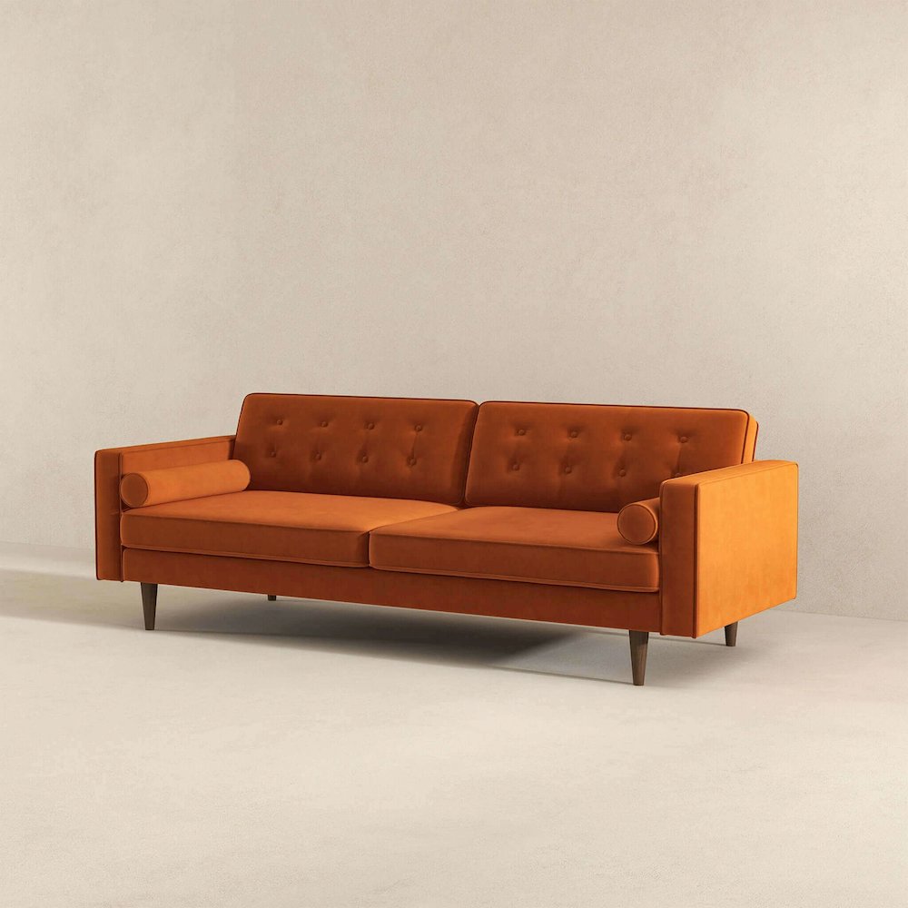 Casey Mid Century Modern Burnt Orange Velvet Sofa. Picture 3