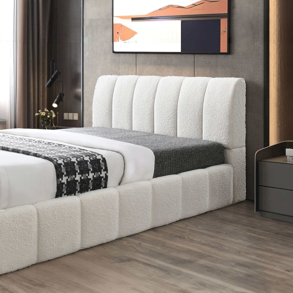 Hilar White Boucle Platform Bed Queen Size. Picture 3