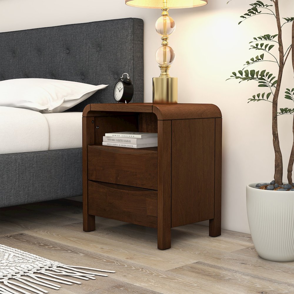 Lionel Mid Century Modern Solid Wood Nightstand 2-Drawer. Picture 4