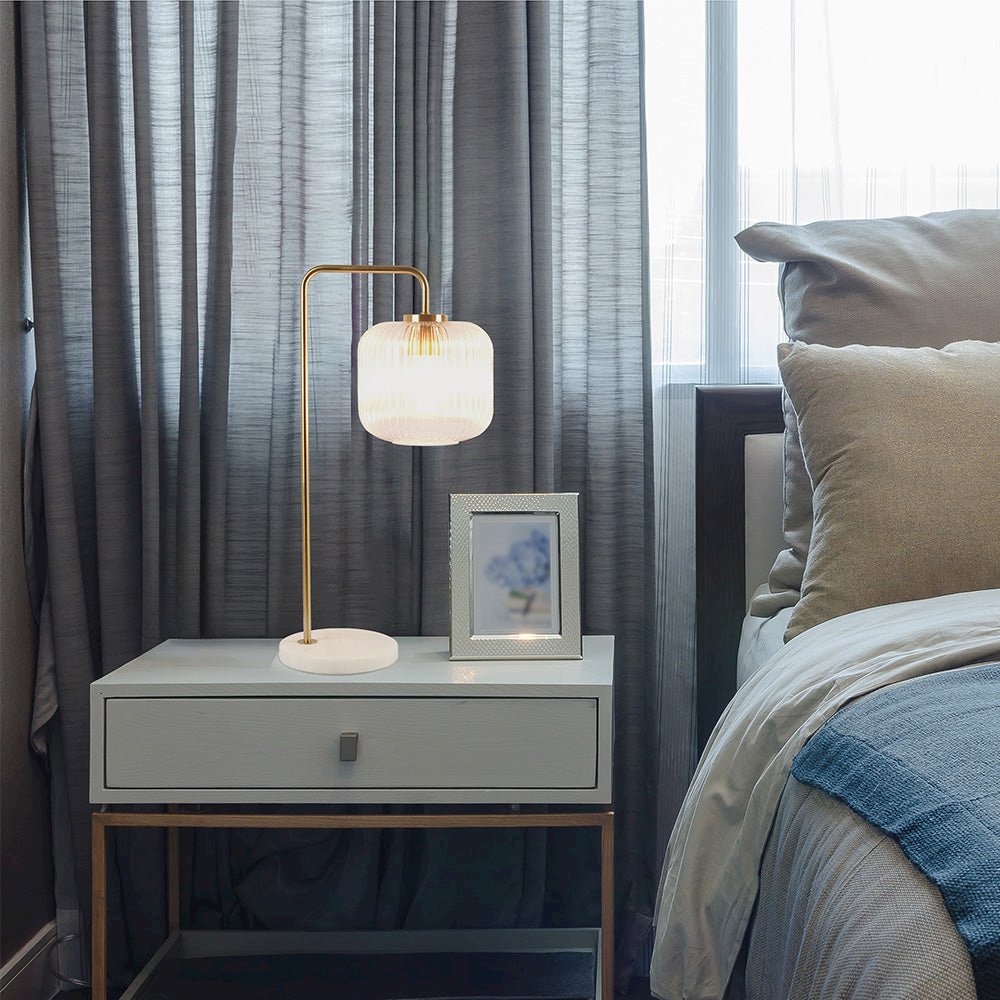Haven Clear Glass Table Lamp, Gold Brush Metal and Marble Base, Button Control. Picture 2