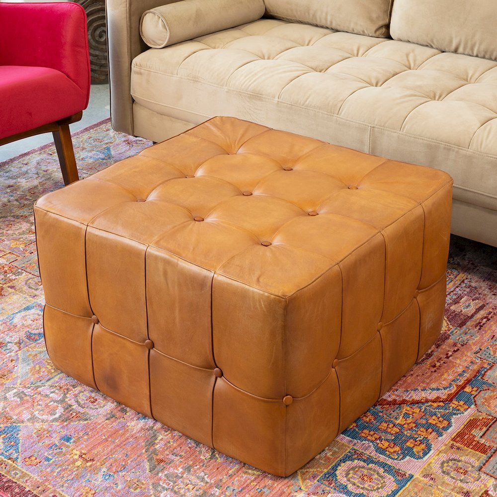 Benjiro Square Tan Leather Ottoman. Picture 2