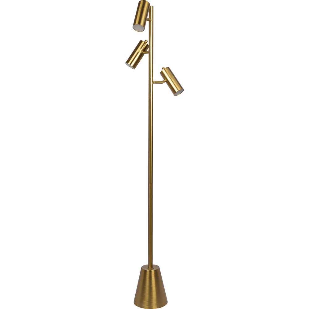 Lumina Brassed Gold Floor Lamp with Rotary Switch Triple Spots Metal Cone Base. Picture 1