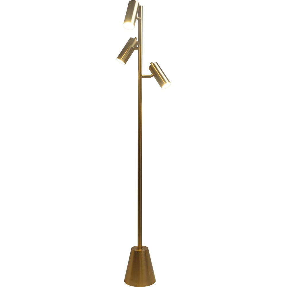Lumina Brassed Gold Floor Lamp with Rotary Switch Triple Spots Metal Cone Base. Picture 2