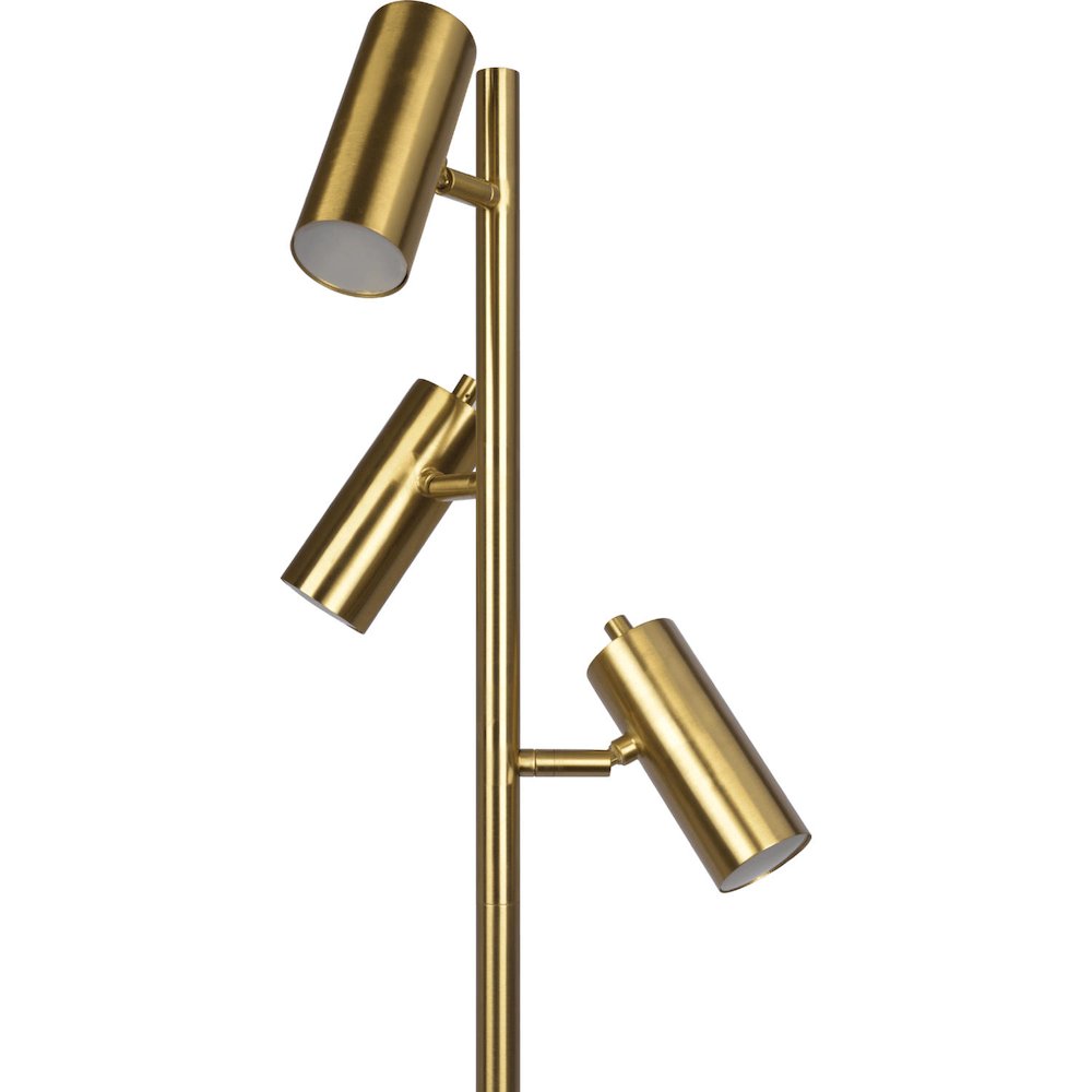 Lumina Brassed Gold Floor Lamp with Rotary Switch Triple Spots Metal Cone Base. Picture 3