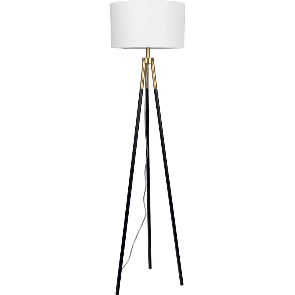 Sway Brassed Gold Floor Lamp with On/Off Switch Triple Legs White Fabric Shade. Picture 2