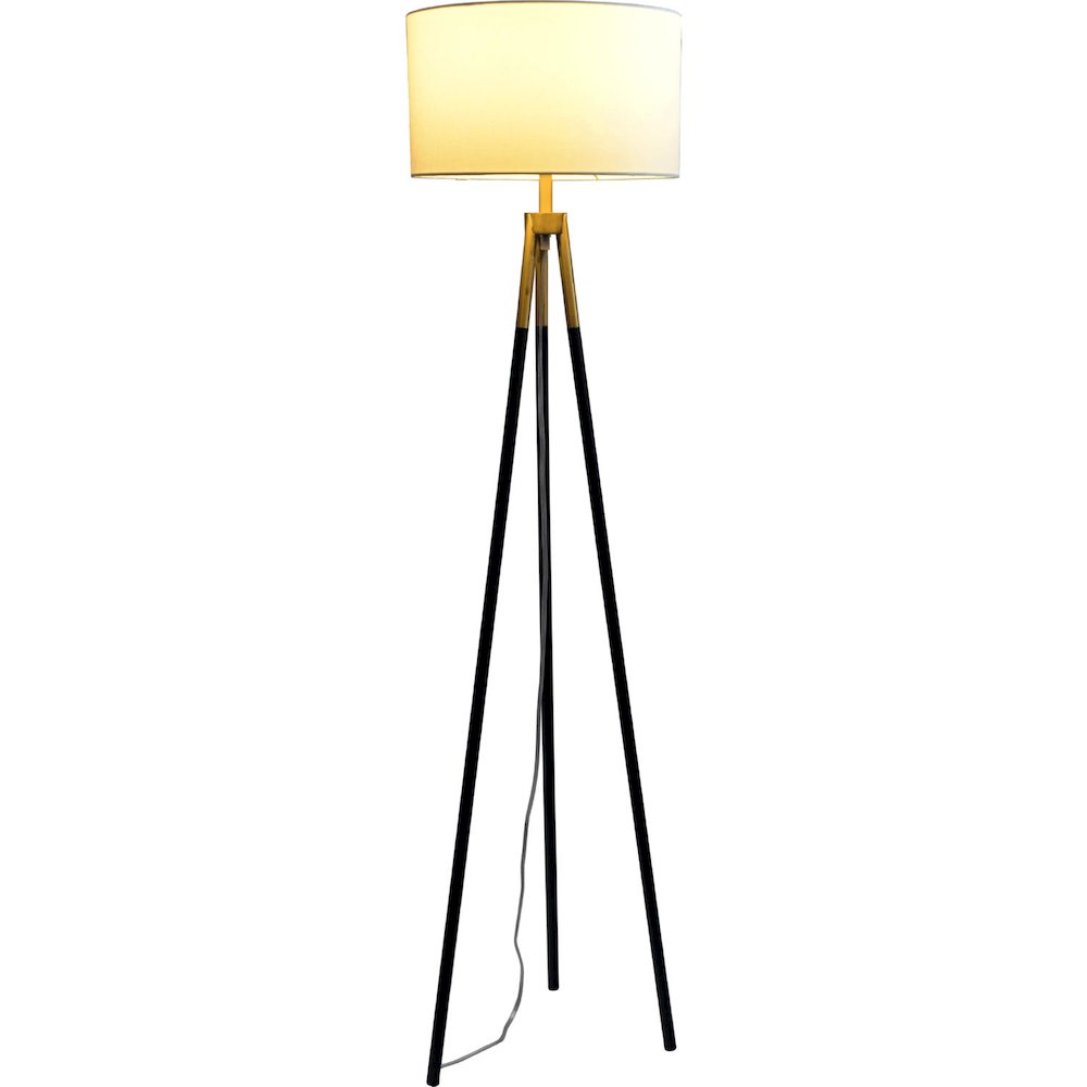 Sway Brassed Gold Floor Lamp with On/Off Switch Triple Legs White Fabric Shade. Picture 1