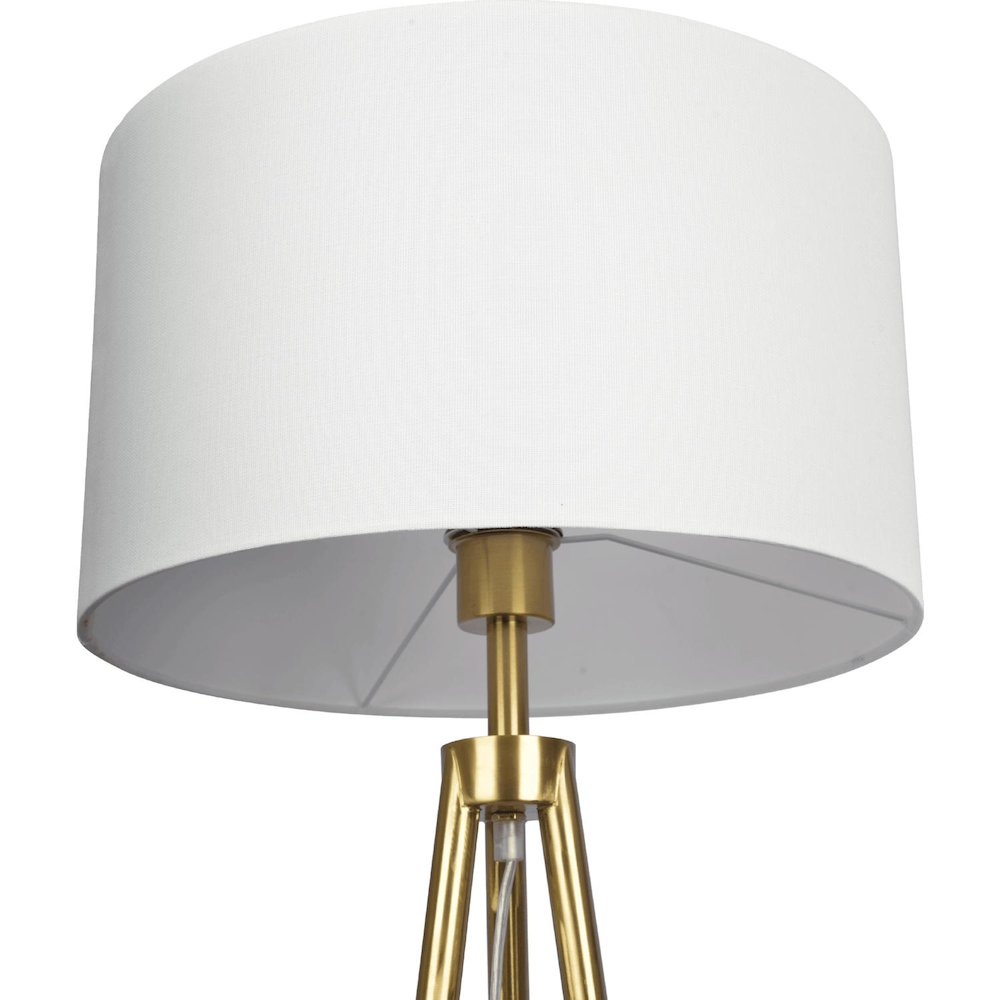 Sway Brassed Gold Floor Lamp with On/Off Switch Triple Legs White Fabric Shade. Picture 3