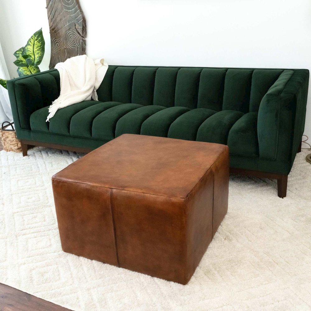 Mallory Mid-Century Square Genuine Leather Upholstered Ottoman in Tan. Picture 5