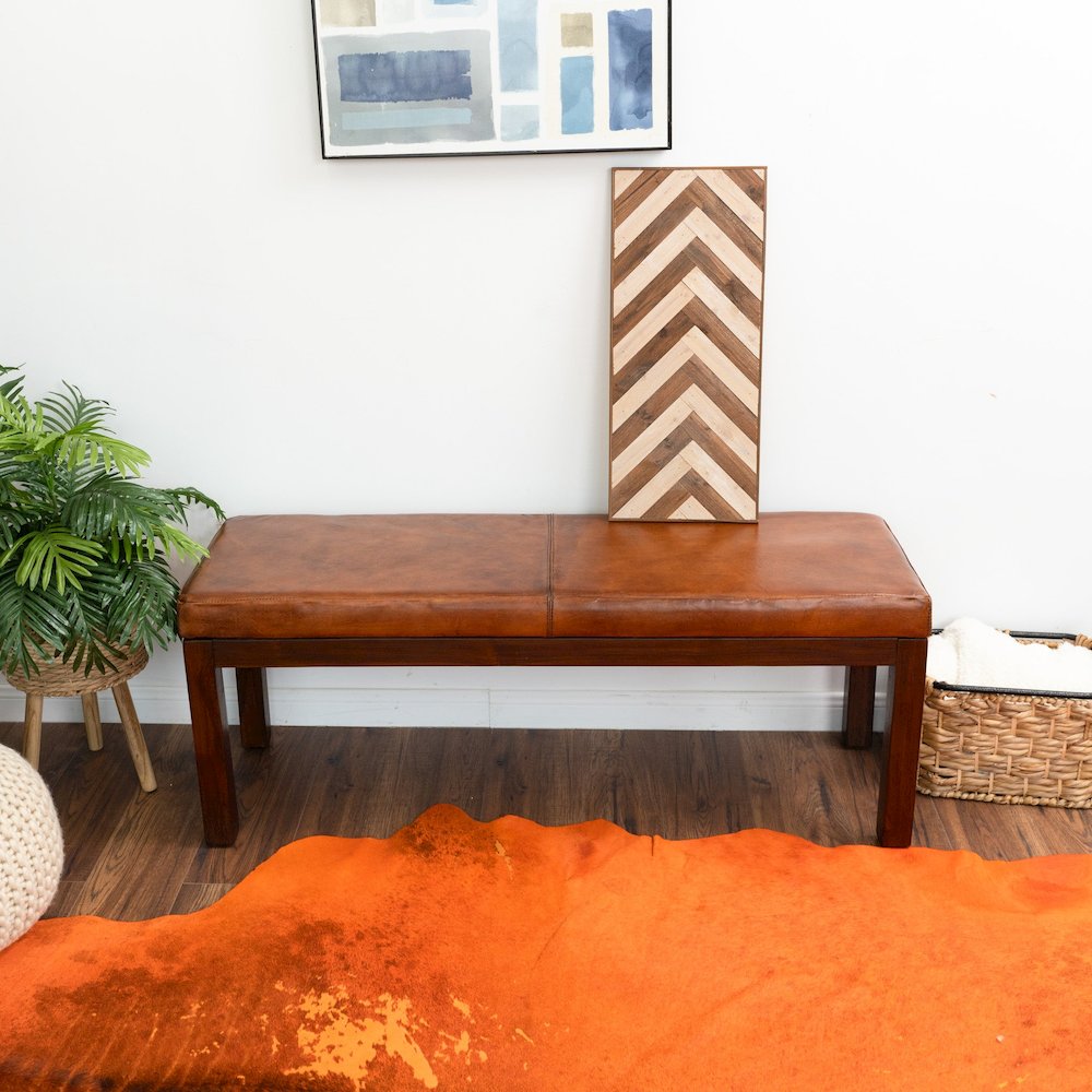 Austin Antique Tan Leather Bench with Lines. Picture 5
