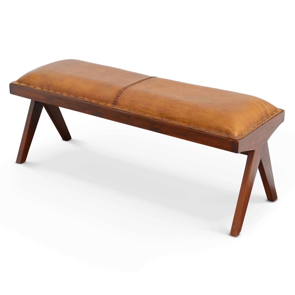 Chad Mid Century Modern Tan Leather Bench. Picture 1