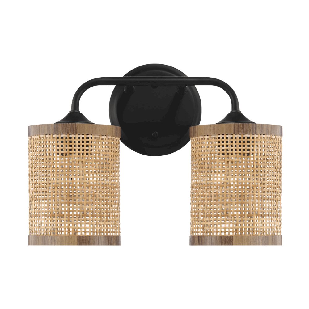 Quell 2-Light Rattan Wall Sconce with Black Metal Finish. Picture 1