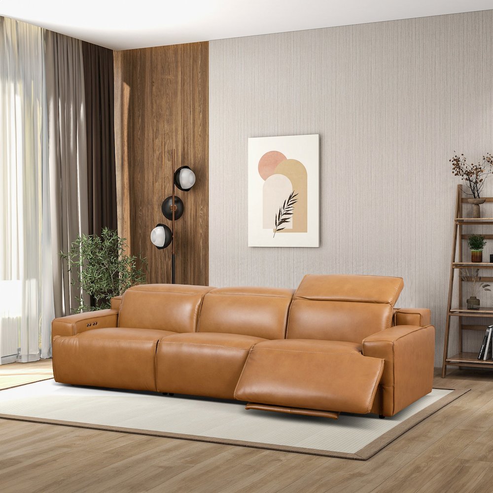 Urbana Triple PWR Tan Leather Recliner Sofa. Picture 6