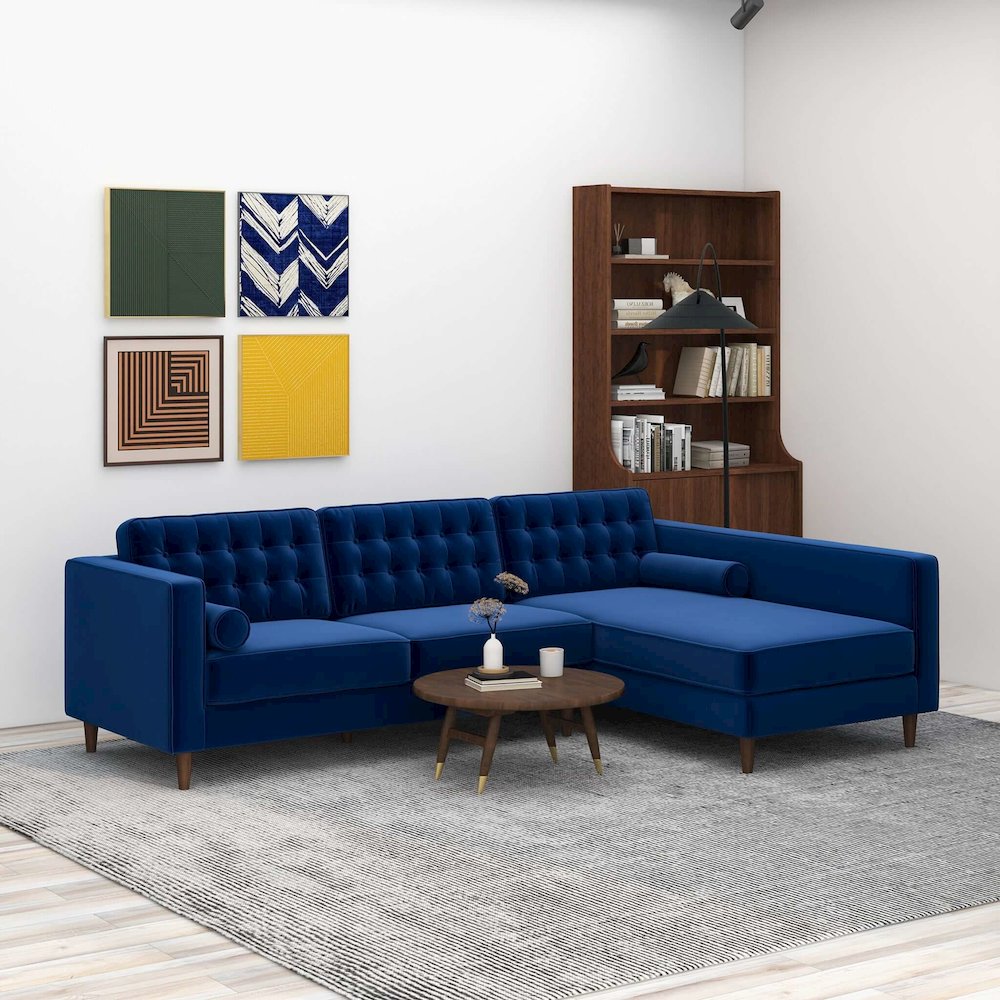 Christian  Blue Velvet Sectional Sofa Right Facing. Picture 2