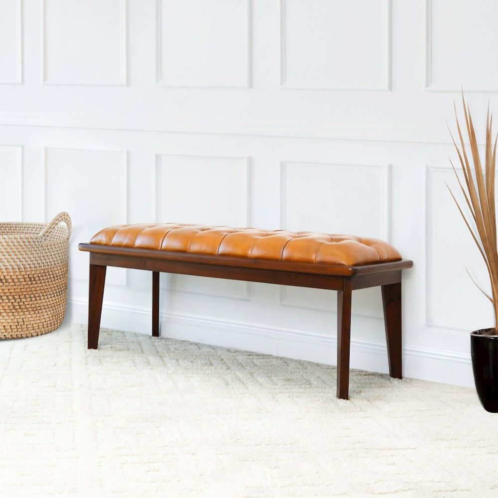 Arden Tan Leather Bench With Buttons. Picture 5
