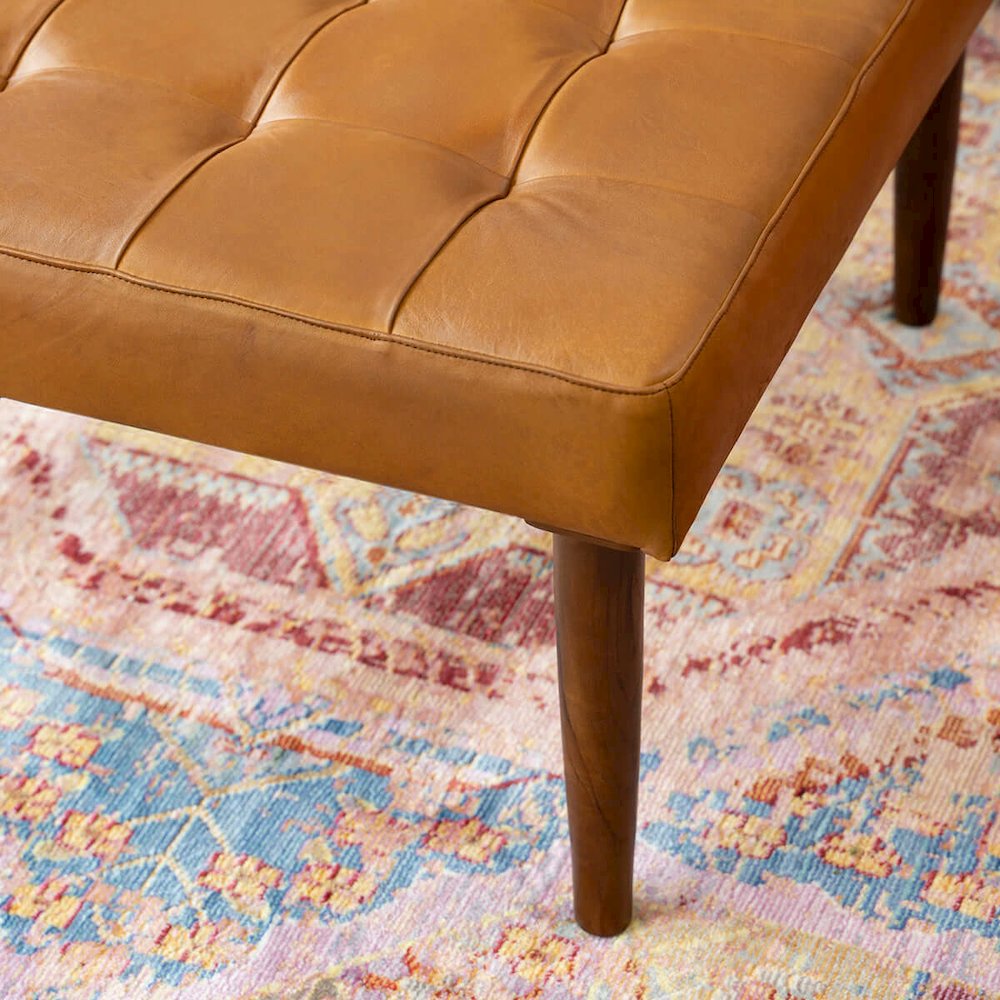 Mark Mid-Century Tufted Square Genuine Leather Upholstered Ottoman in Tan. Picture 3