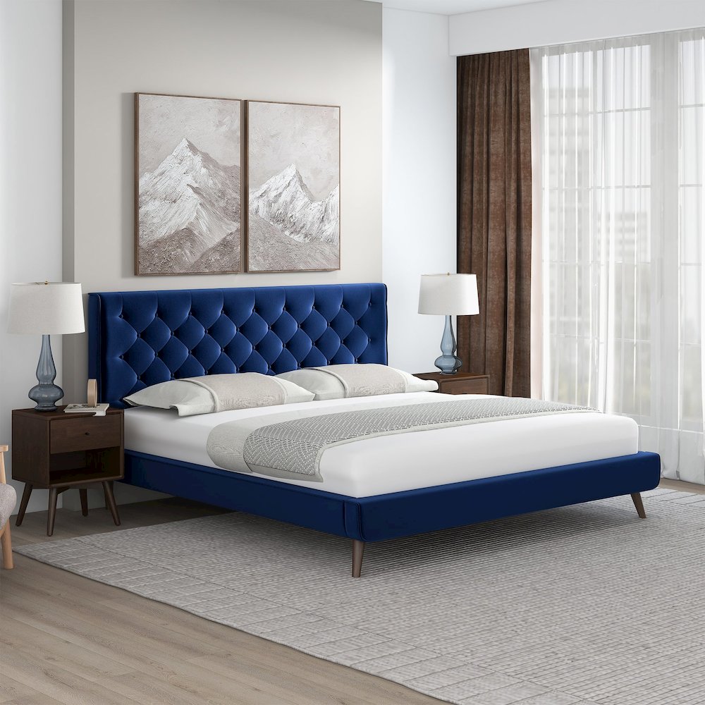 Dillon Blue Velvet Platform Bed (King Size). Picture 2