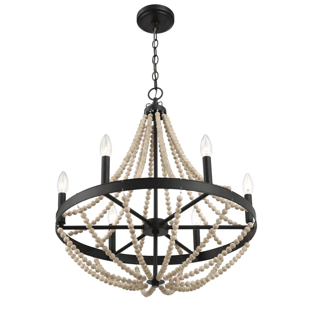 Wood Chandelier Farmhouse Six Candle Light Wood Beaded Black Pendant Light. Picture 4