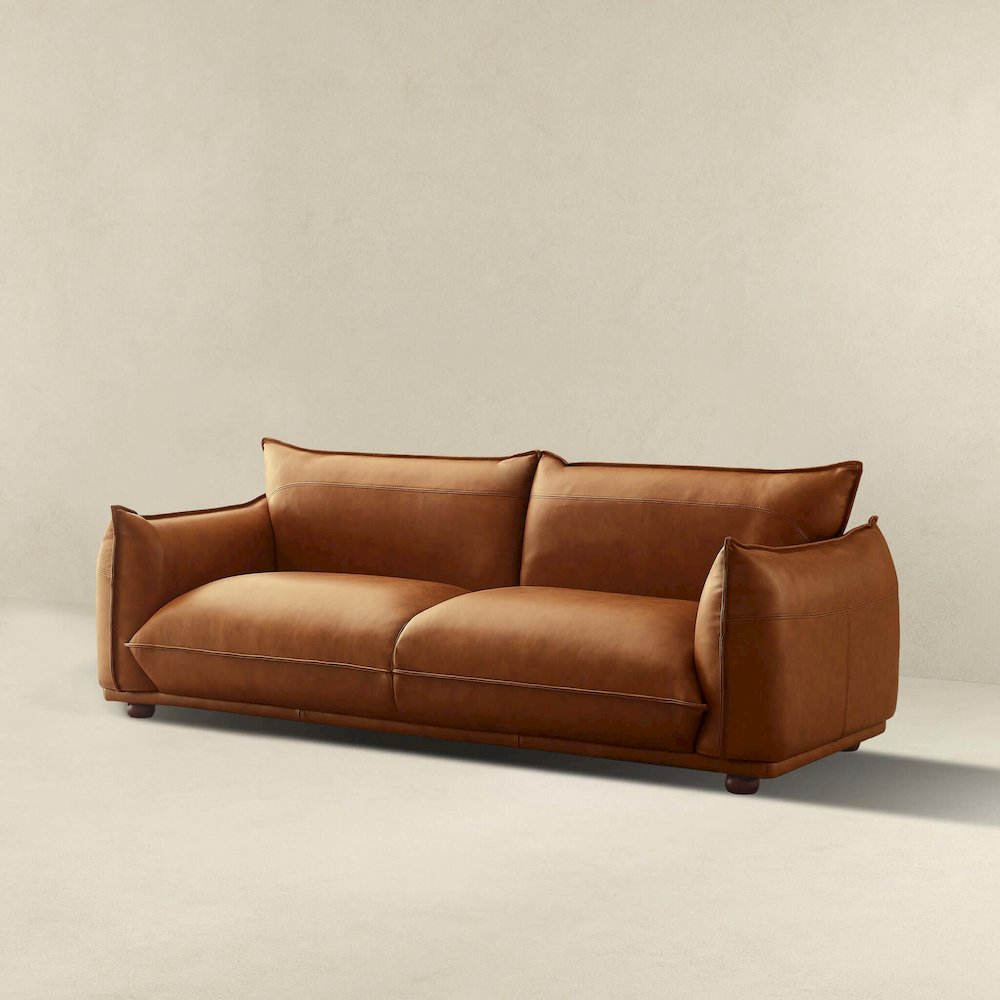 Emma Mid Century Modern Luxury Cognac Leather Sofa. Picture 4