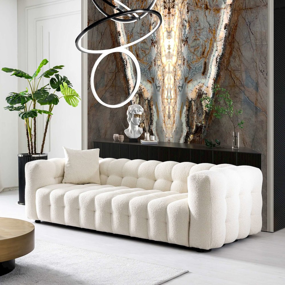 Eden Modern Tufted Chesterfield Cream Boucle Sofa. Picture 7