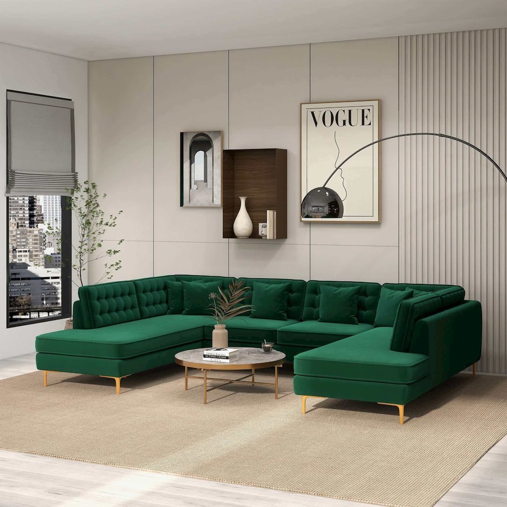 Brooke Green Velvet U Shape Corner Sofa. Picture 2