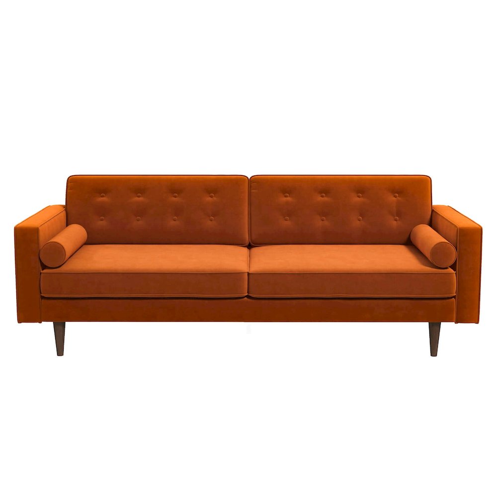 Casey Mid Century Modern Burnt Orange Velvet Sofa. Picture 1