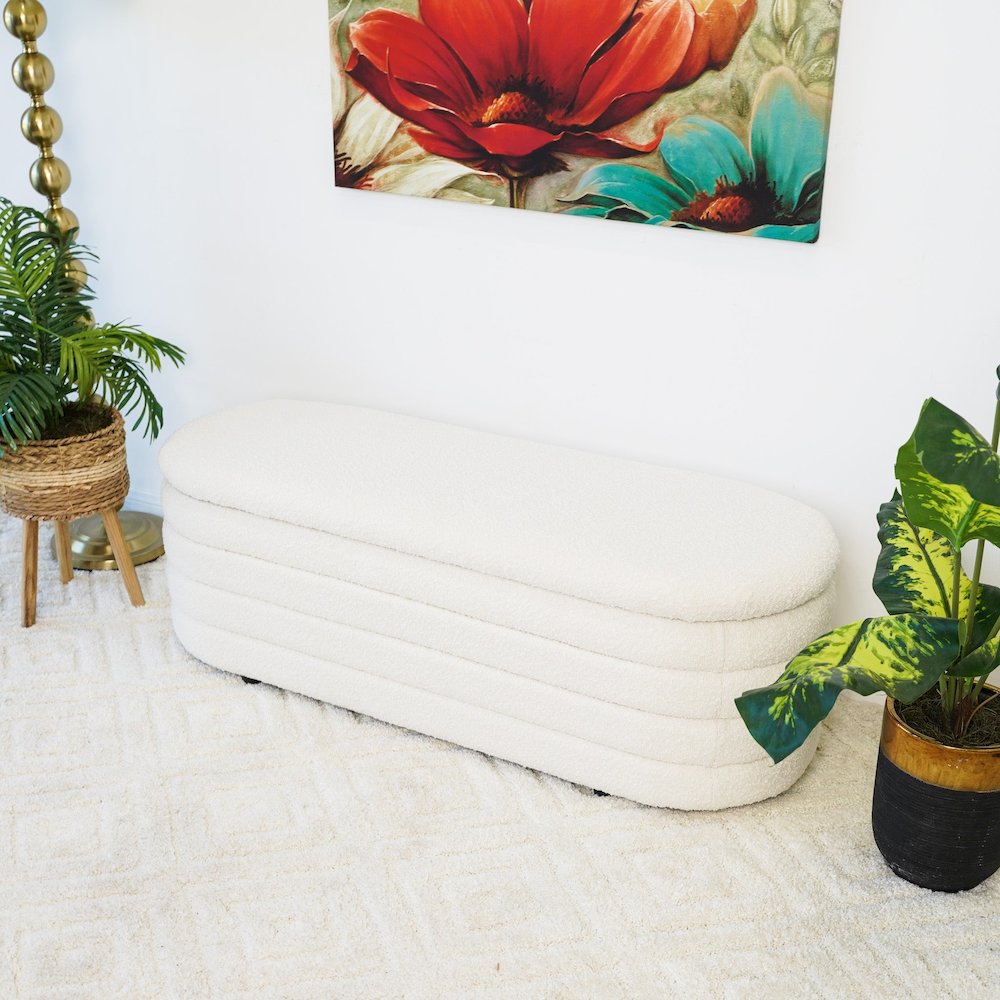 Cabana White Boucle Bench w/Storage. Picture 3