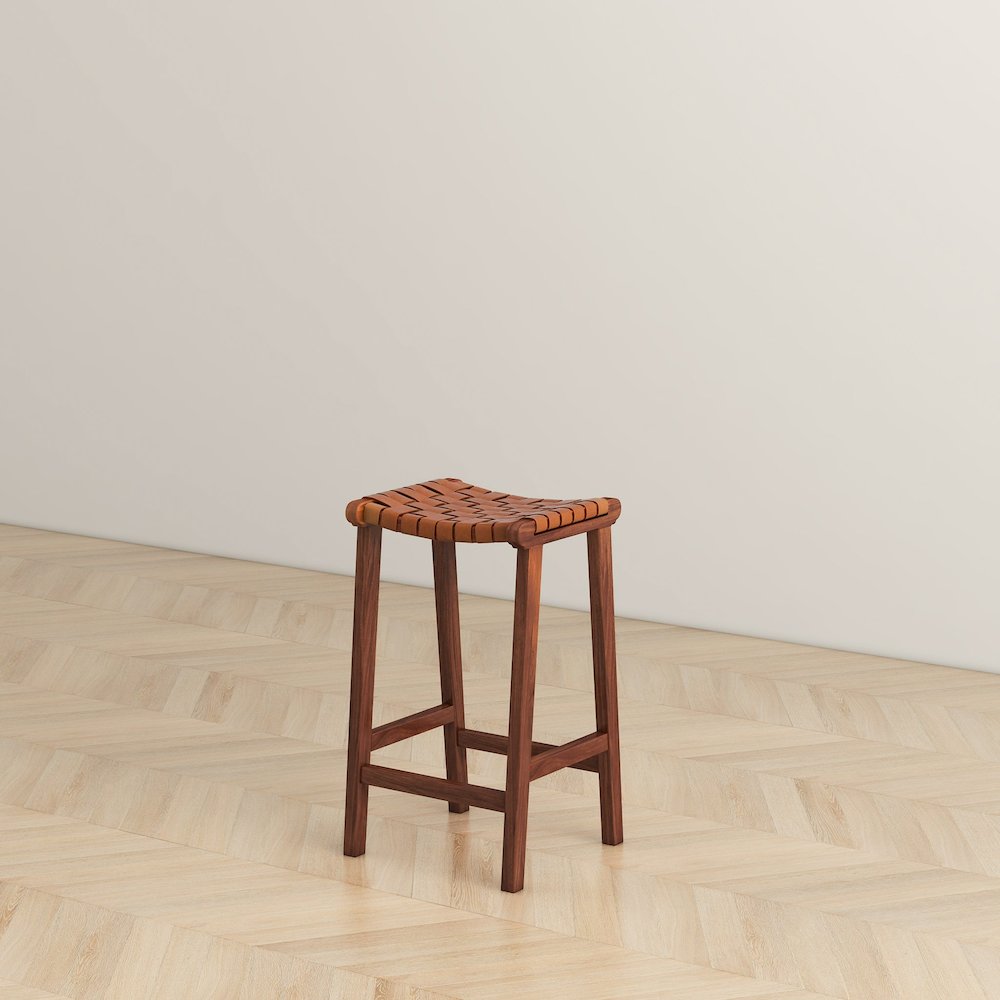 James Mid-Century Modern Genuine Tan Leather 24.5" Counter Stool. Picture 3
