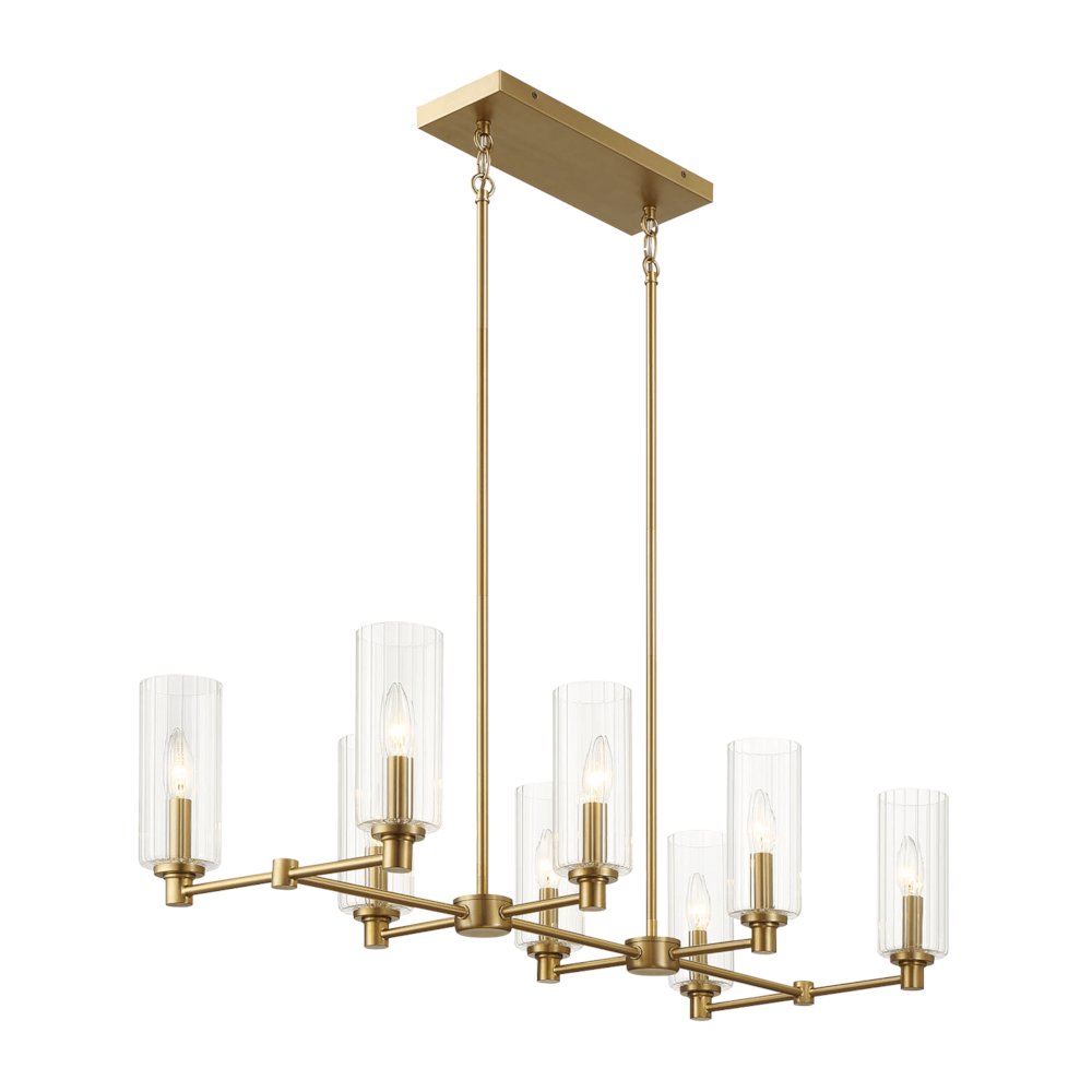 Willow Eight Lights Island With Clear Ribbed Glass Pendant Lamp - Satin Brass. Picture 4