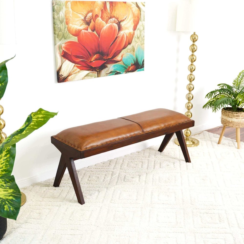 Chad Mid Century Modern Tan Leather Bench. Picture 5