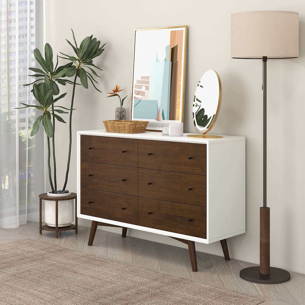 Caroline Mid-Century Modern White Dresser 6 Drawer. Picture 4