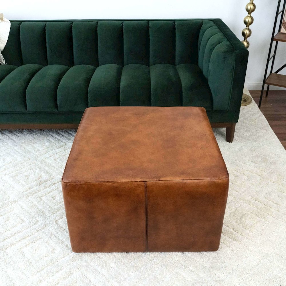 Mallory Mid-Century Square Genuine Leather Upholstered Ottoman in Tan. Picture 4