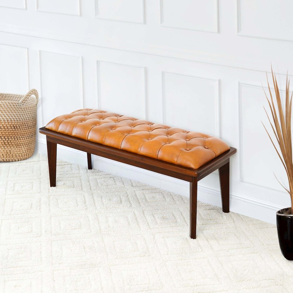 Arden Tan Leather Bench With Buttons. Picture 3