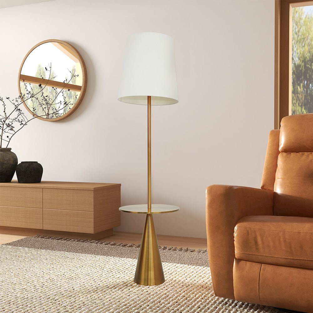 Celestial Modern Floor Lamp with Brass Accent Table with Large White Shade. Picture 4