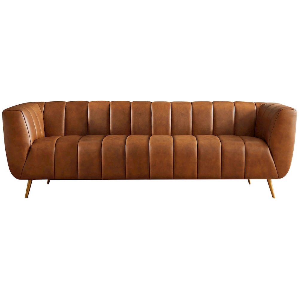 Ava Genuine Italian Cognac Leather Channel Tufted Sofa. Picture 1