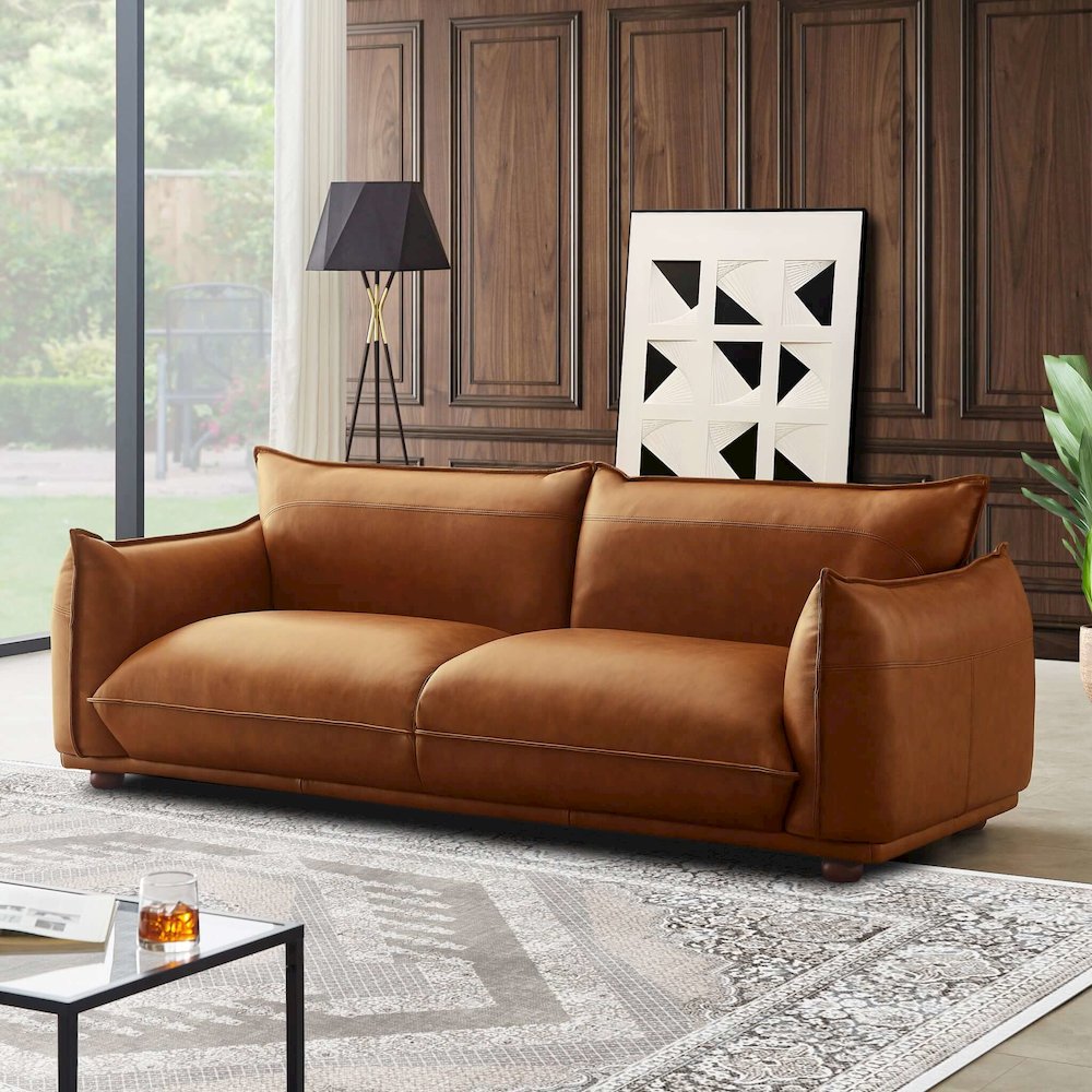Emma Mid Century Modern Luxury Cognac Leather Sofa. Picture 2