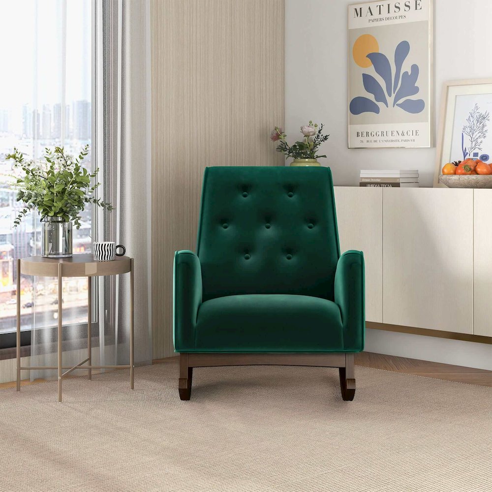 Demetrius Green Velvet Solid Wood Rocking Chair. Picture 5